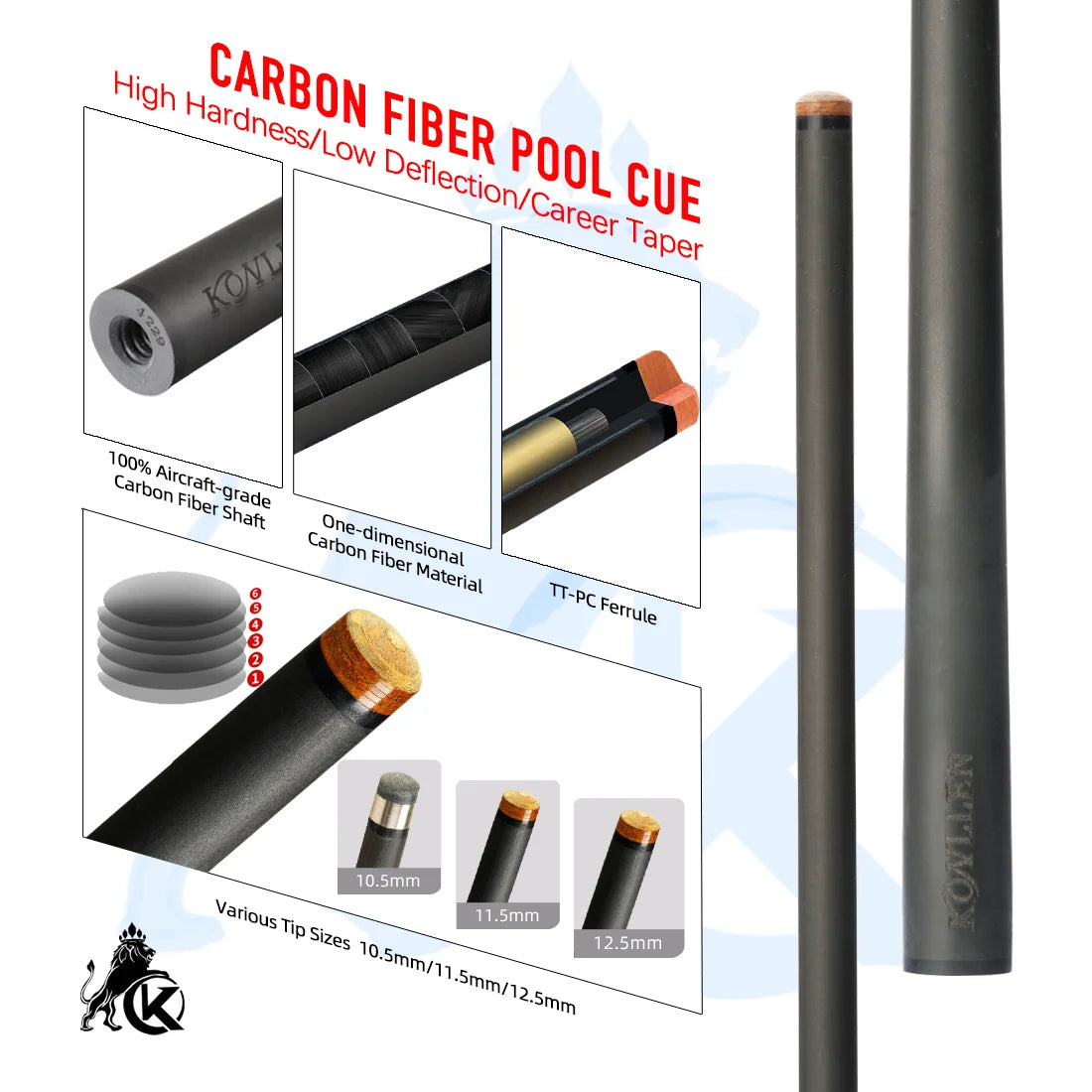 KONLLEN Billiard Cue AS Pool Cue 1/2 Stick Black Technology Carbon Fiber Shaft 3/8*8 Pin Abalone Handmade Inlay Professional