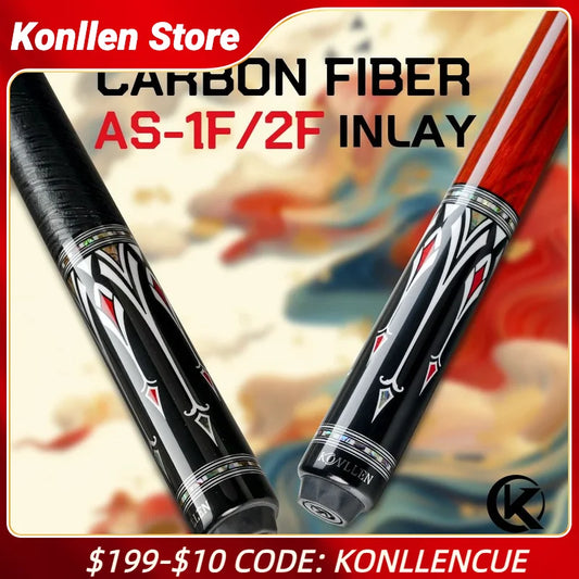 KONLLEN Billiard Cue AS Pool Cue 1/2 Stick Black Technology Carbon Fiber Shaft 3/8*8 Pin Abalone Handmade Inlay Professional