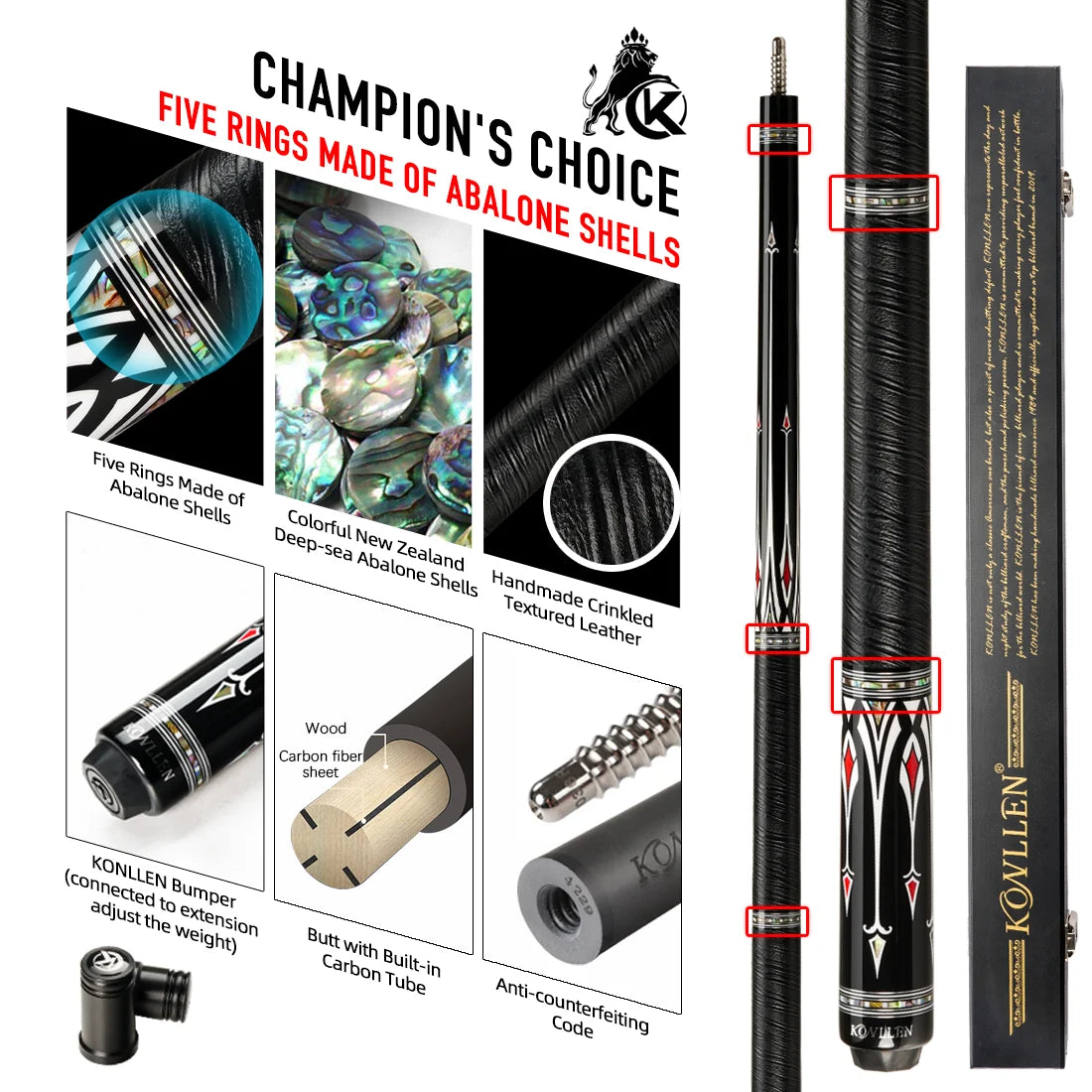 KONLLEN Billiard Cue AS Pool Cue 1/2 Stick Black Technology Carbon Fiber Shaft 3/8*8 Pin Abalone Handmade Inlay Professional