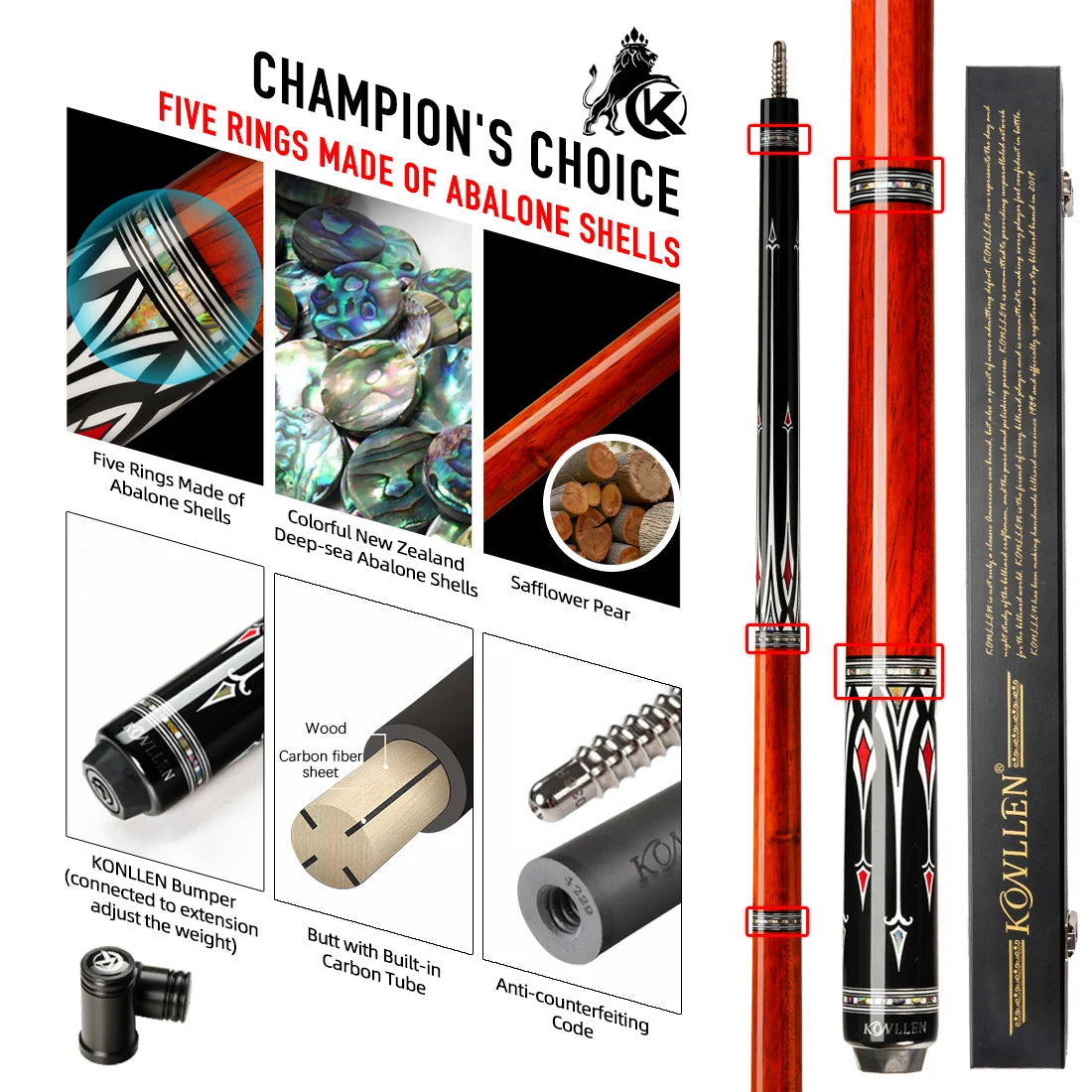KONLLEN Billiard Cue AS Pool Cue 1/2 Stick Black Technology Carbon Fiber Shaft 3/8*8 Pin Abalone Handmade Inlay Professional